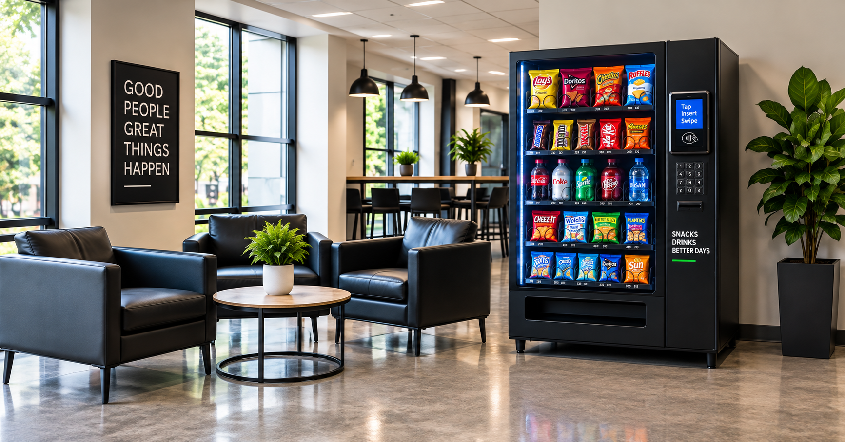 Illustrative snack and beverage vending machine in a bright business lounge